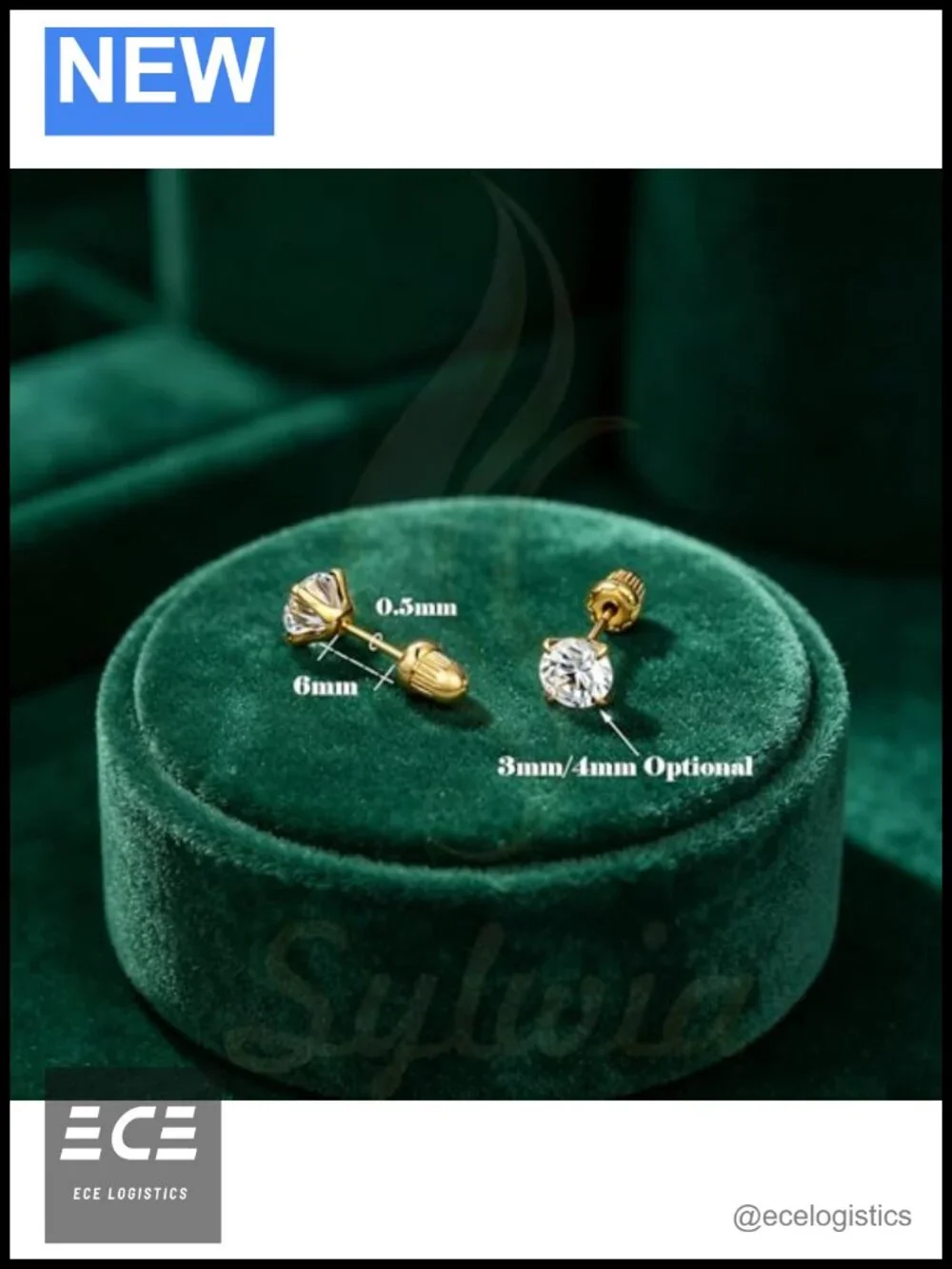 14K Solid Gold Stud Earrings Cubic Zirconia Screw Back Women